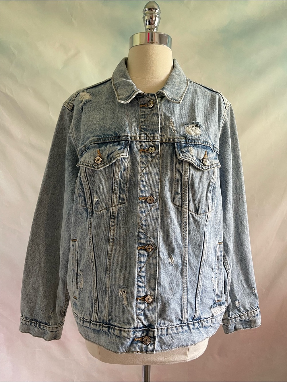 Light Wash Distressed Denim Custom Appliquéd Jacket Women’s XL